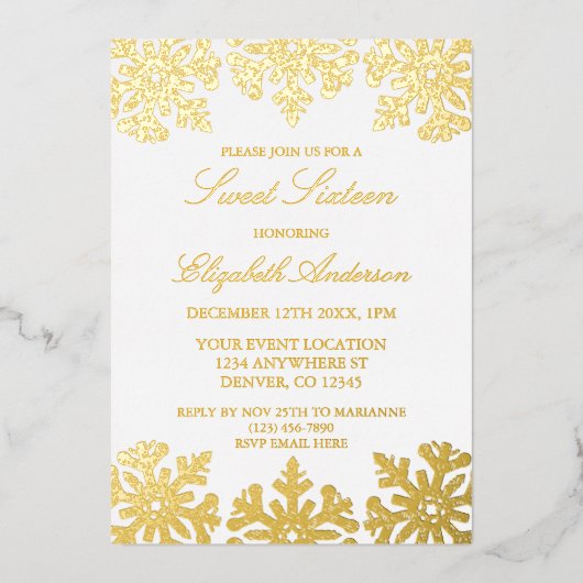 Invitation En Aluminium Gold Snowflake Winter Sweet 16 (Recto)