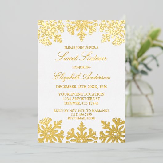 Invitation En Aluminium Gold Snowflake Winter Sweet 16 (Debout devant)
