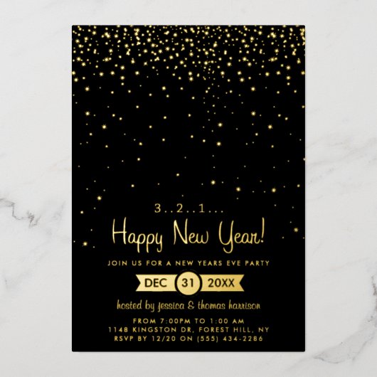 Invitation En Aluminium Gold Sparkles New Year's Eve Party Real (Recto)