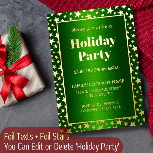Invitation En Aluminium Gold Stars Typographie moderne Noël Party Green