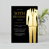 Invitation En Aluminium Gold Suit Cravate Black Mens 50e Anniversaire Fête (Debout devant)