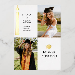Invitation En Aluminium Gold Tassel Blanc 2 Photo Graduation