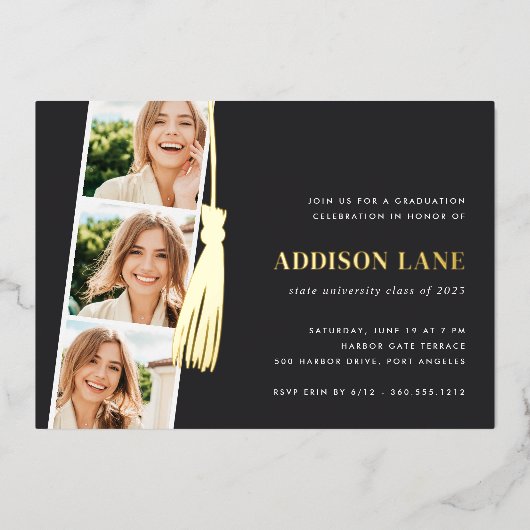Invitation En Aluminium Gold Tassel Photo Strip Graduation Party (Recto)