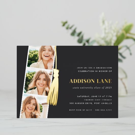 Invitation En Aluminium Gold Tassel Photo Strip Graduation Party (Debout devant)