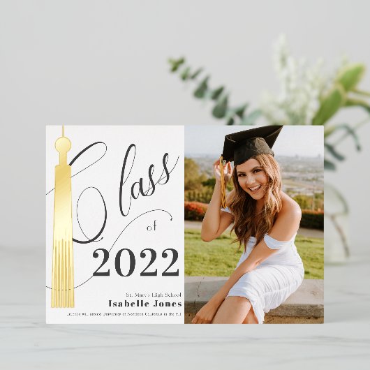 Invitation En Aluminium Gold Tassel White Photo Graduation (Debout devant)
