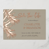 Invitation En Aluminium Gold Tropical Palm Leaf Mariage Enregistrer La Dat (Recto)