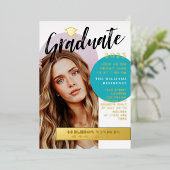 Invitation En Aluminium Gold & Turquoise Retro Arch Photo Graduation (Debout devant)
