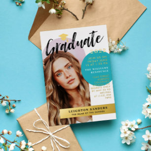 Invitation En Aluminium Gold & Turquoise Retro Arch Photo Graduation