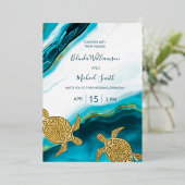 Invitation En Aluminium Gold Turtles Teal Ink Agate Wedding (Debout devant)