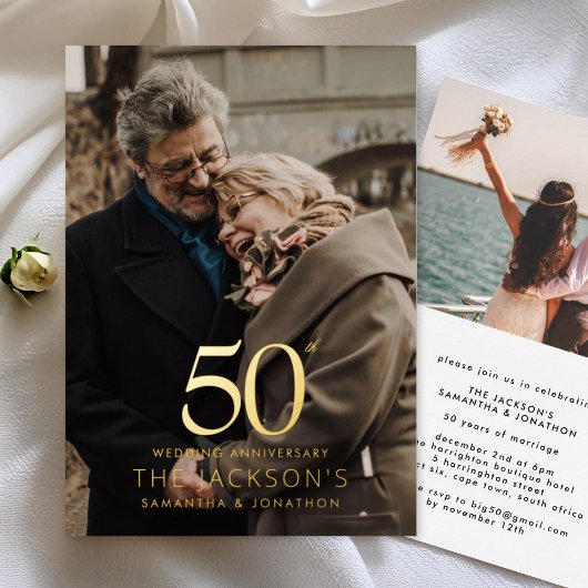 Invitation En Aluminium Golden 50th two photo Wedding Anniversary