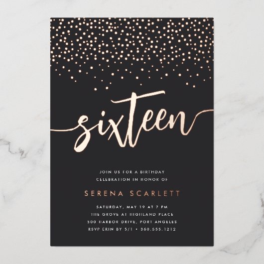 Invitation En Aluminium Golden Confetti Sweet sixteen fête d'anniversaire (Recto)