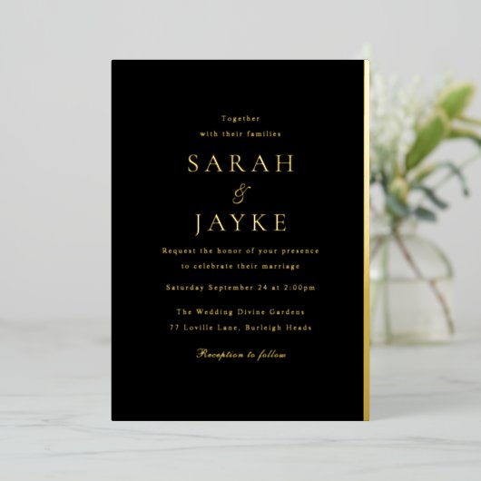 Invitation En Aluminium Golden Foil Black & Gold Modern Mariage (Debout devant)