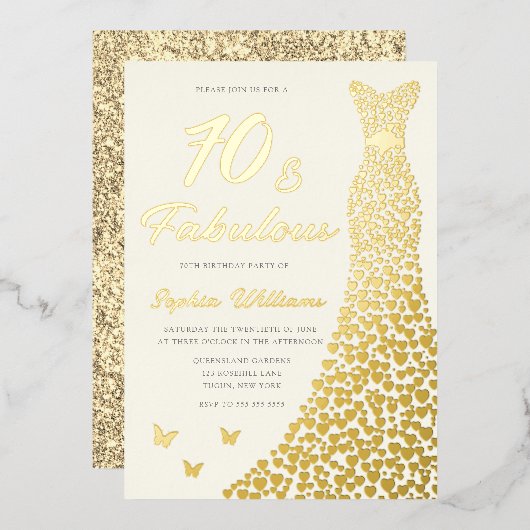 Invitation En Aluminium Golden Gown, Fabuleux 70e Anniversaire Robe Or (Recto/Verso)