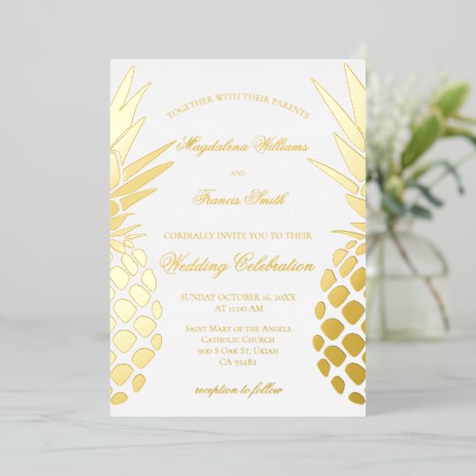 Invitation En Aluminium golden pineapples wedding (Debout devant)