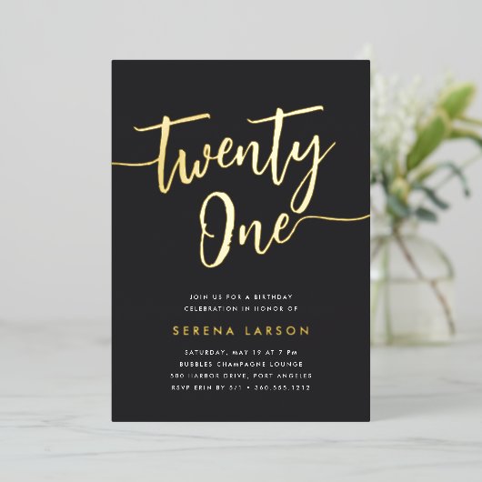 Invitation En Aluminium Golden Script 21e fête d'anniversaire (Debout devant)