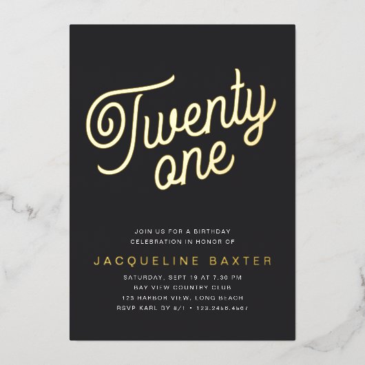 Invitation En Aluminium Golden Script 21e fête d'anniversaire (Recto)