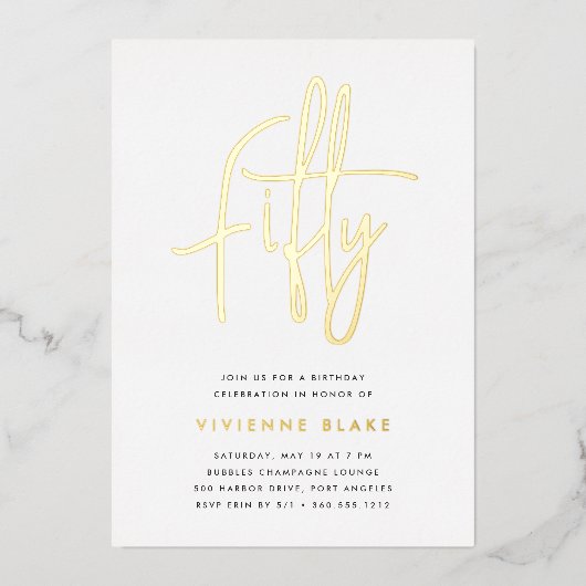 Invitation En Aluminium Golden Script 50e fête d'anniversaire (Recto)