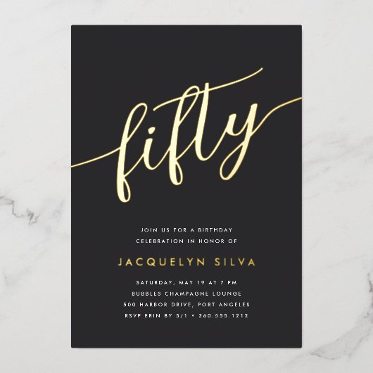 Invitation En Aluminium Golden Script 50e fête d'anniversaire (Recto)