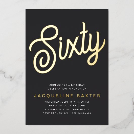 Invitation En Aluminium Golden Script 60e fête d'anniversaire (Recto)