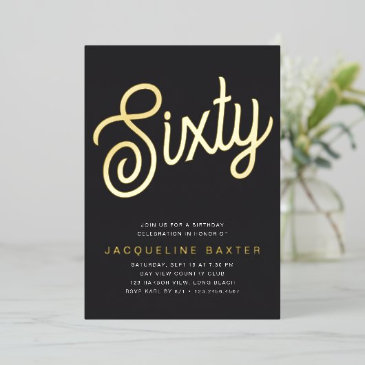 Invitation En Aluminium Golden Script 60e fête d'anniversaire (Debout devant)