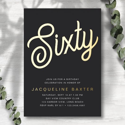 Invitation En Aluminium Golden Script 60e fête d'anniversaire