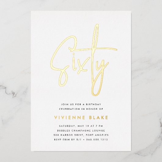 Invitation En Aluminium Golden Script 60e fête d'anniversaire (Recto)