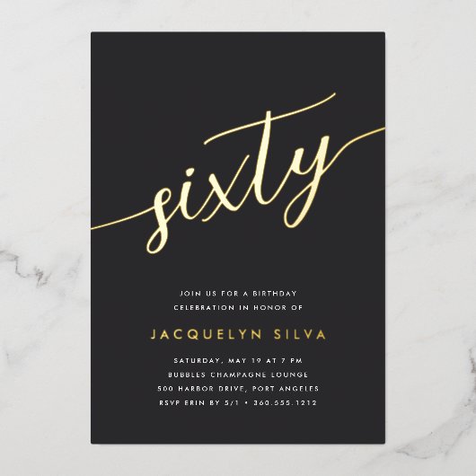 Invitation En Aluminium Golden Script 60e fête d'anniversaire (Recto)