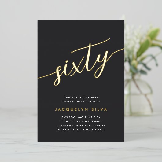 Invitation En Aluminium Golden Script 60e fête d'anniversaire (Debout devant)