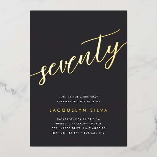Invitation En Aluminium Golden Script 70e fête d'anniversaire (Recto)
