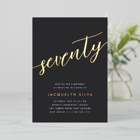 Invitation En Aluminium Golden Script 70e fête d'anniversaire (Debout devant)