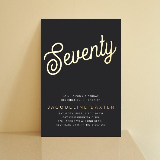 Invitation En Aluminium Golden Script 70e fête d'anniversaire