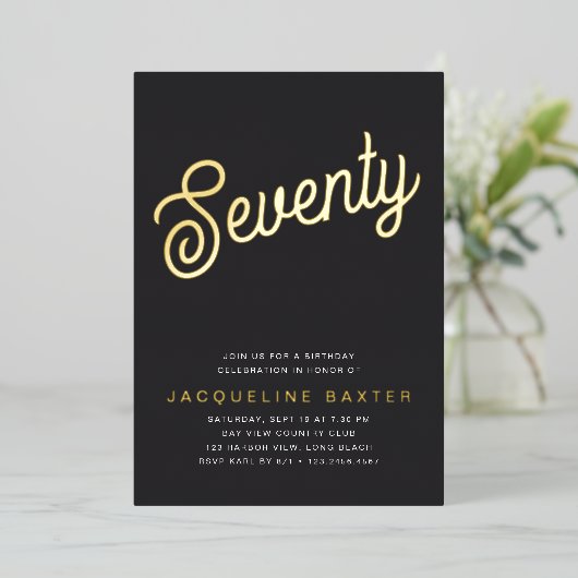 Invitation En Aluminium Golden Script 70e fête d'anniversaire (Debout devant)