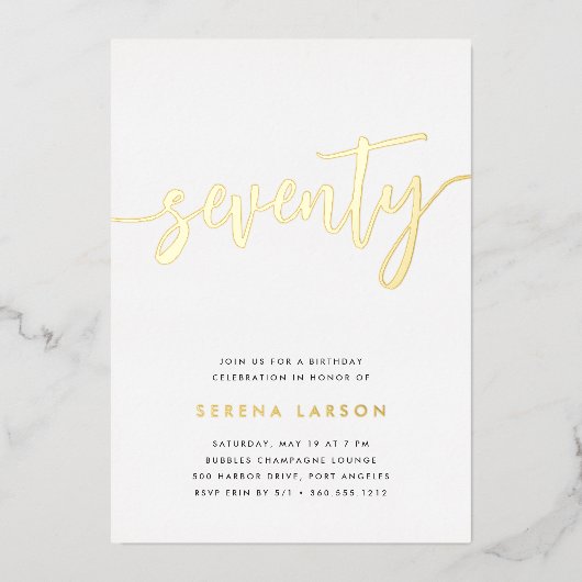Invitation En Aluminium Golden Script 70e fête d'anniversaire (Recto)