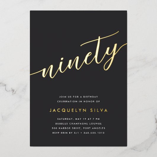 Invitation En Aluminium Golden Script 90e fête d'anniversaire (Recto)