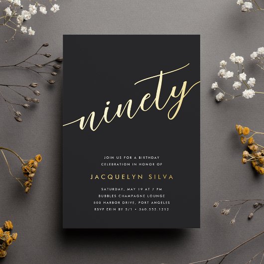 Invitation En Aluminium Golden Script 90e fête d'anniversaire