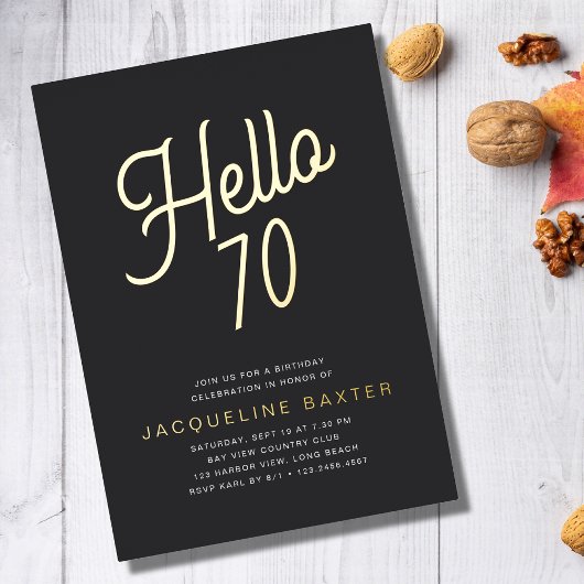 Invitation En Aluminium Golden Script Hello 70 70th Birthday Party