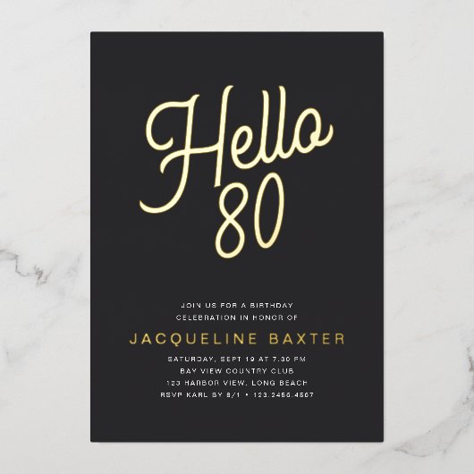Invitation En Aluminium Golden Script Hello 80 80th Birthday Party (Recto)