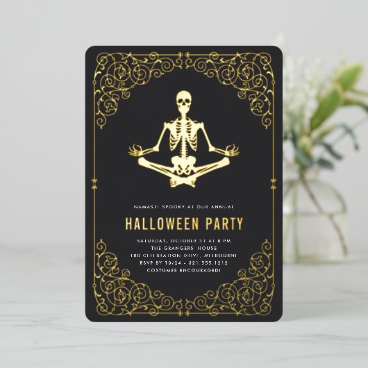 Invitation En Aluminium Golden Skeleton Halloween (Debout devant)