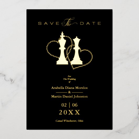 Invitation En Aluminium Golden Wedding Chess Pieces King & Queen Black (Recto)