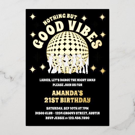Invitation En Aluminium Good Vibes Super Black Gold fête d'anniversaire (Recto)