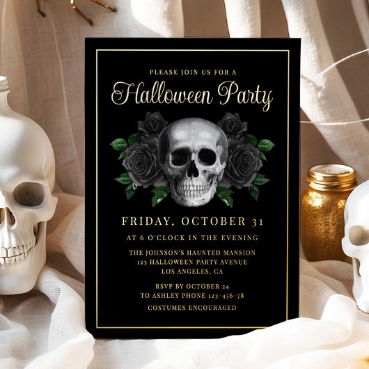 Invitation En Aluminium Gothique Floral Crâne Halloween Or