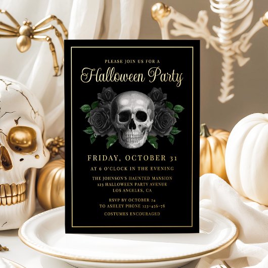 Invitation En Aluminium Gothique Floral Crâne Halloween Or