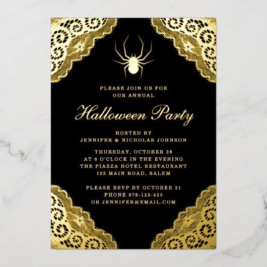 Invitation En Aluminium Gothique Noir Damas Halloween Party Gold Foil Invi (Recto)