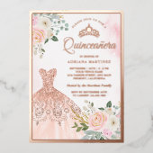 Invitation En Aluminium Gown étincelant Blush Floral Quinceanera or Rose (Recto)