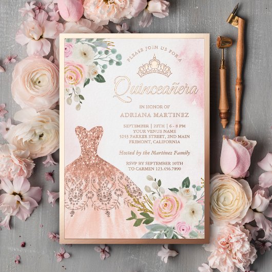Invitation En Aluminium Gown étincelant Blush Floral Quinceanera or Rose