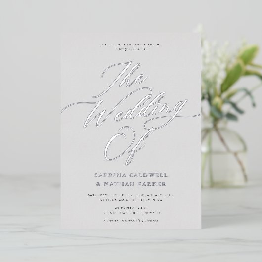 Invitation En Aluminium Gracity Modern Script Mariage Gris Argent (Debout devant)
