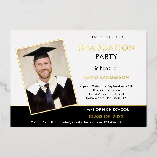 Invitation En Aluminium Grad 2025 Graduation Party Photo White Black Gold (Recto)