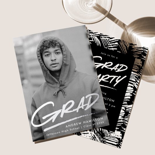 Invitation En Aluminium Grad Dashed Photo Graduation Party Argent