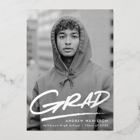 Invitation En Aluminium Grad Dashed Photo Graduation Party Argent (Recto)