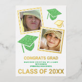 Invitation En Aluminium Grad Glam Green Casquette Photo Collage Grad (Recto)